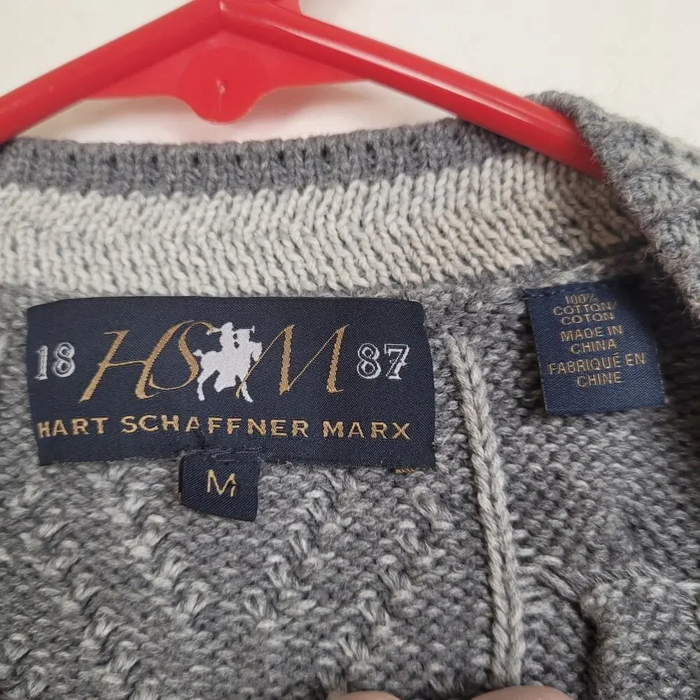 Hart Schaffner Marx grey cable knit v-neck sweater Size Medium Preppy Old Money